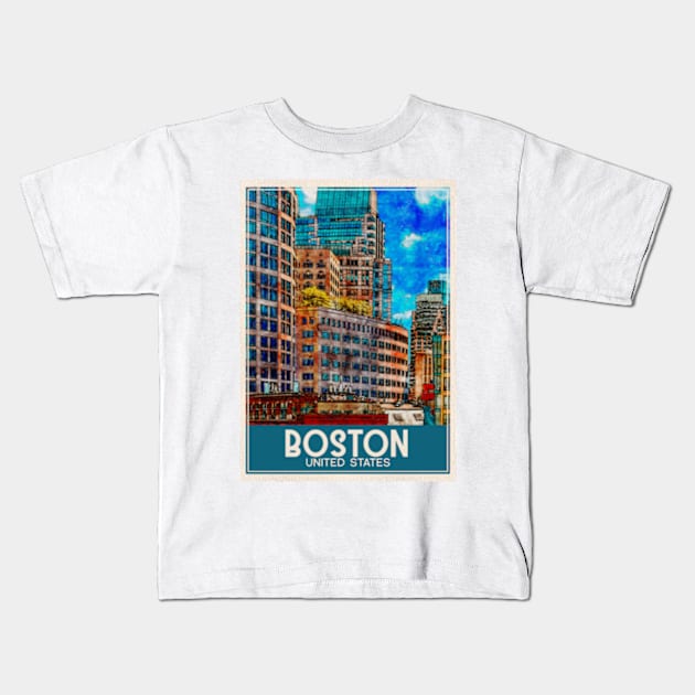 Travel Art Boston United States Kids T-Shirt by faagrafica